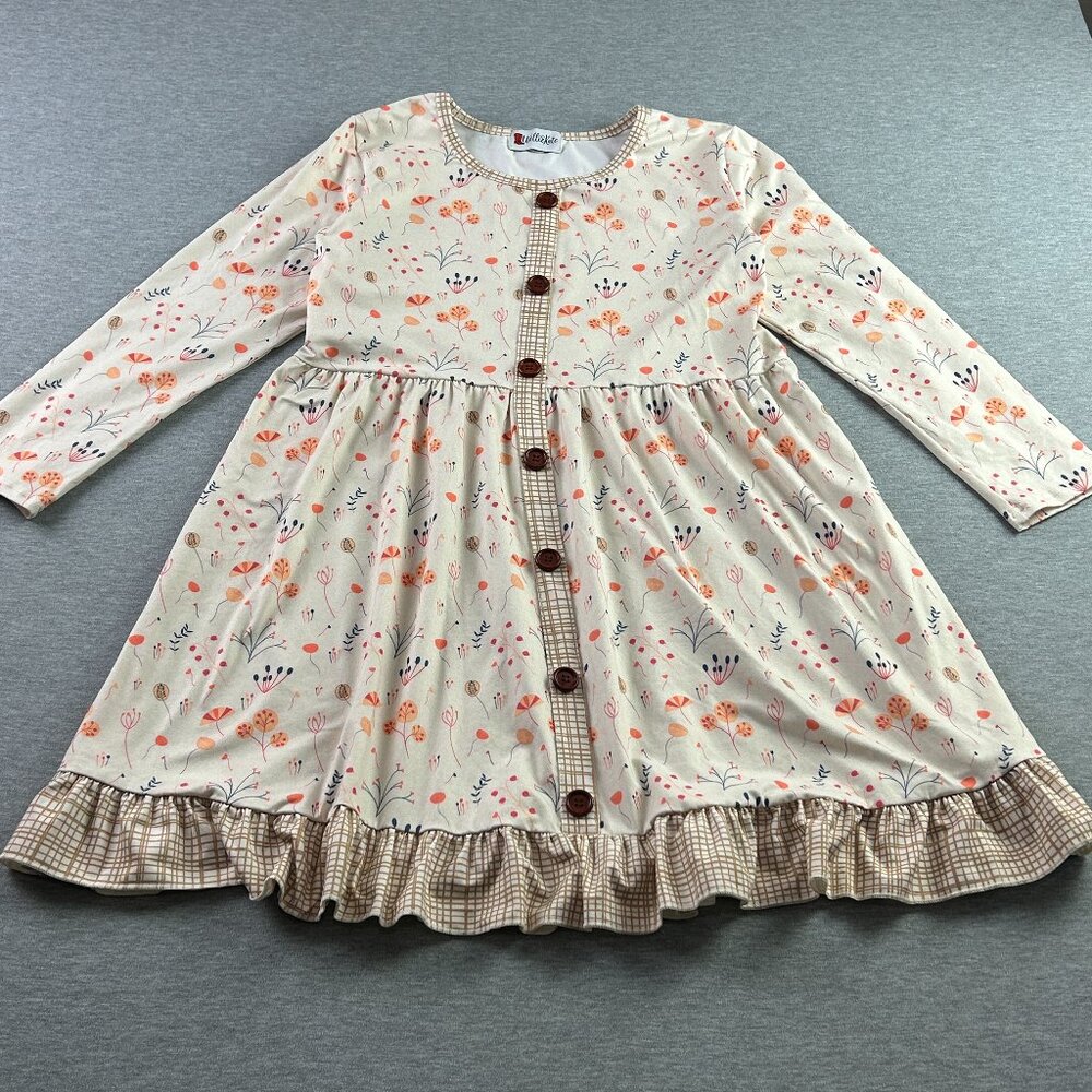 WELLIE KATE Sz 14 - 16 Ivory w/ Teal Coral Orange Floral Ruffle Hem Dress